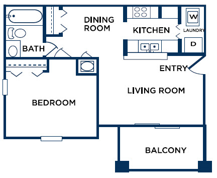Floor plan for 1 bed, 1 bath, 688 sqft